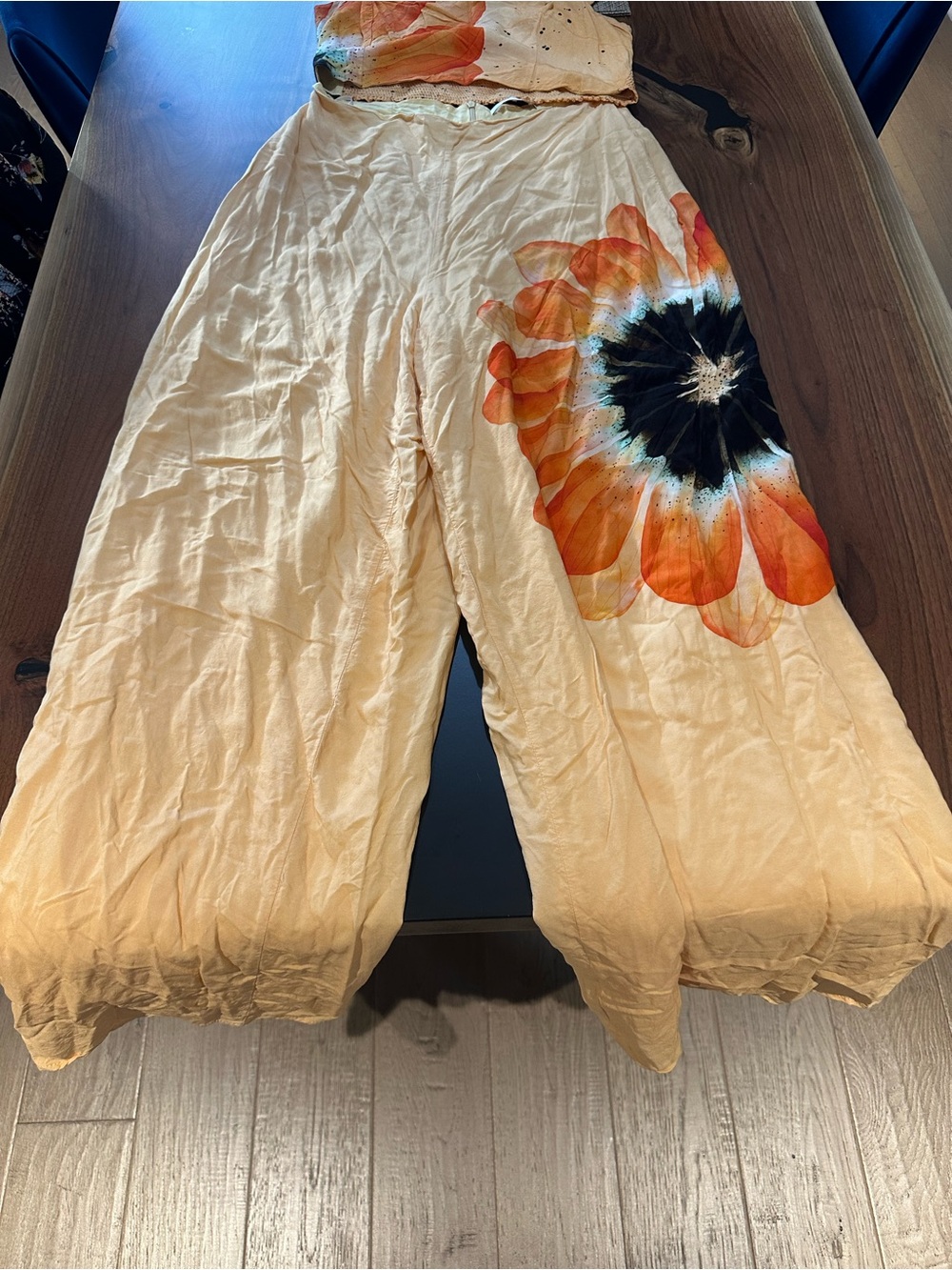 Wide Leg Floral Print Pants - Cream with Orange Accent